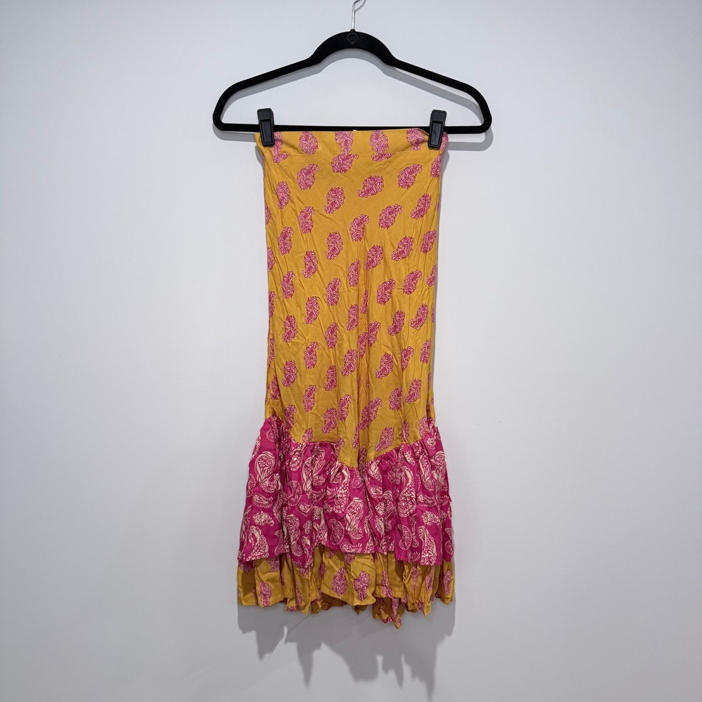 NWOT REVOLVE COOLCHANGE Yellow Pink Paisley Smocked Midi Skirt Boho Festival XS‎